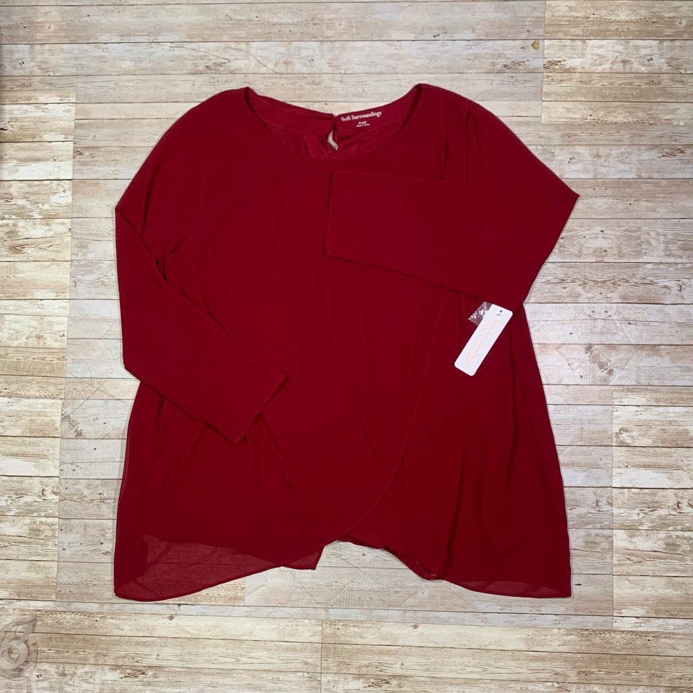 Soft Surroundings NEW XL Long Sleeve Top Belvedere Blouse Red Flowy Chiffon NWT